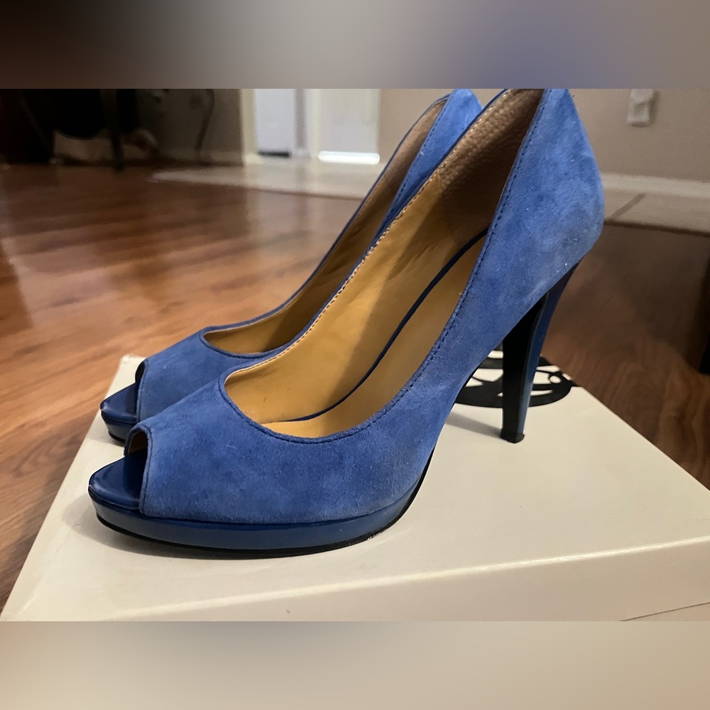 Nine West Blue Suede Peep-Toe Heels Sz 9